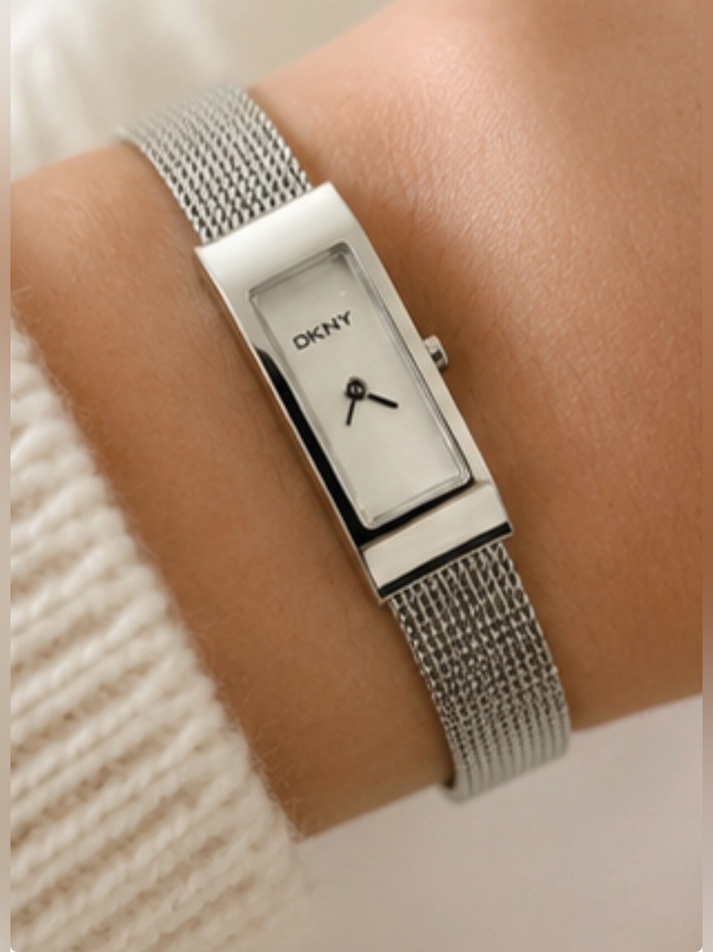 DKNY Silver Rectangular Mesh Bracelet Watch with White Dial Stainless Steel
